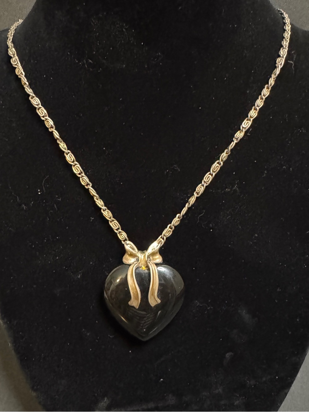 Gold-Tone Bow Black Heart Onyx Pendant Necklace